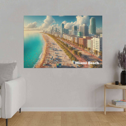 Aerial view of Miami Beach skyline with sandy beach, turquoise water, palm trees, and tall buildings.