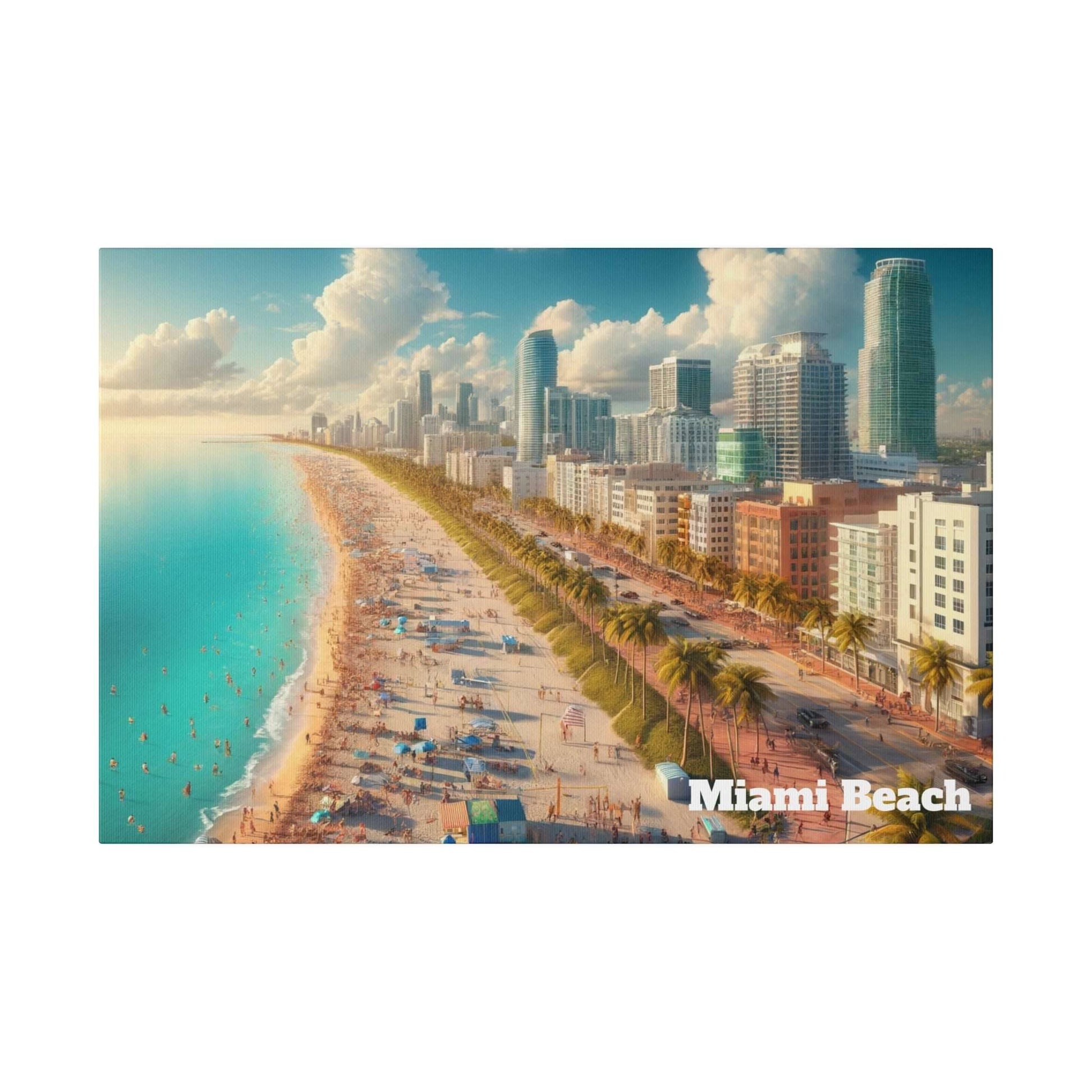 Aerial view of Miami Beach with turquoise water, sandy beach, palm trees, and a skyline of high-rise buildings; "Miami Beach" text