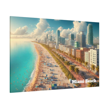 Aerial view of Miami Beach skyline on a canvas print, with a sandy beach, palm-lined promenade, and turquoise ocean.