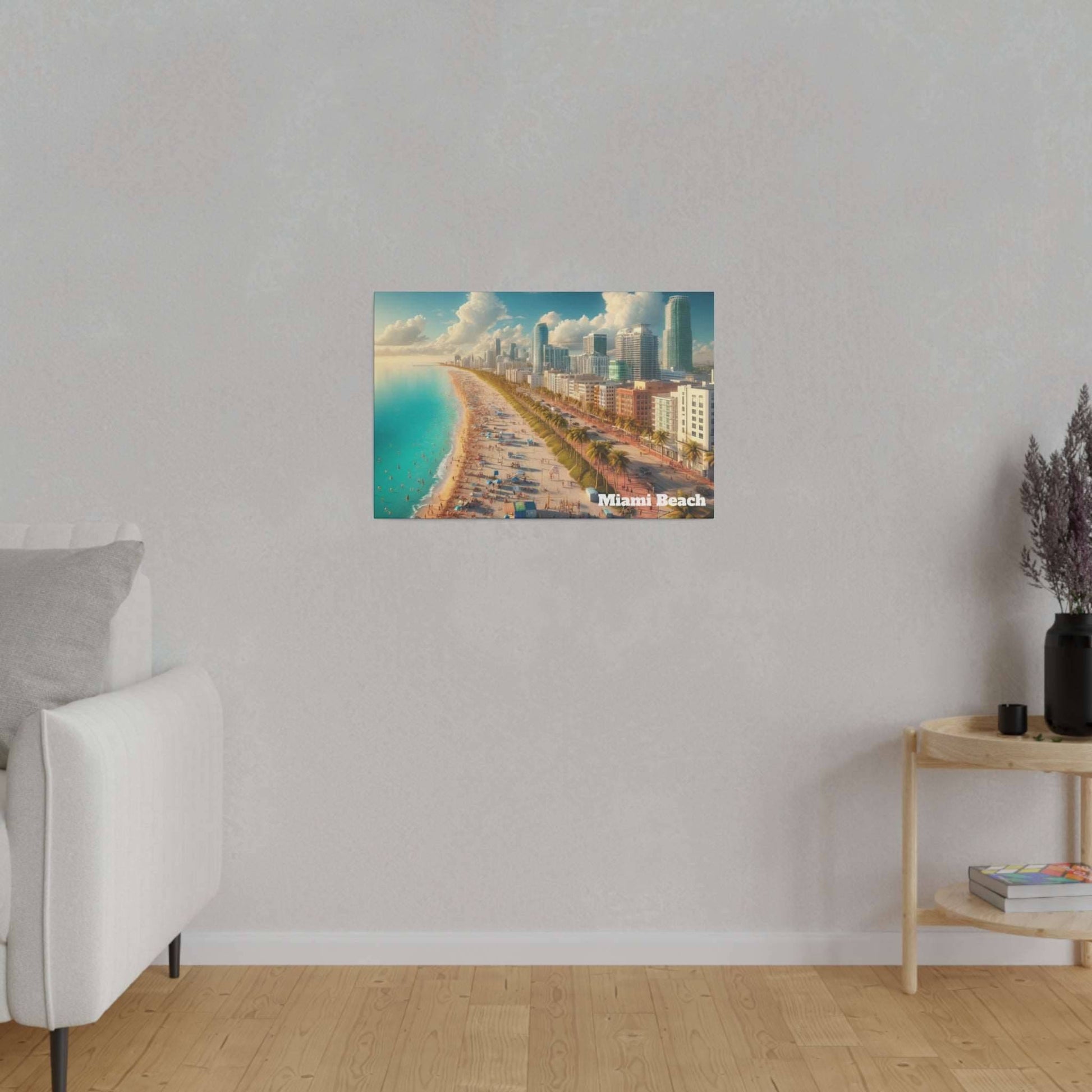 Small canvas print of Miami Beach skyline and sandy shoreline with turquoise water.