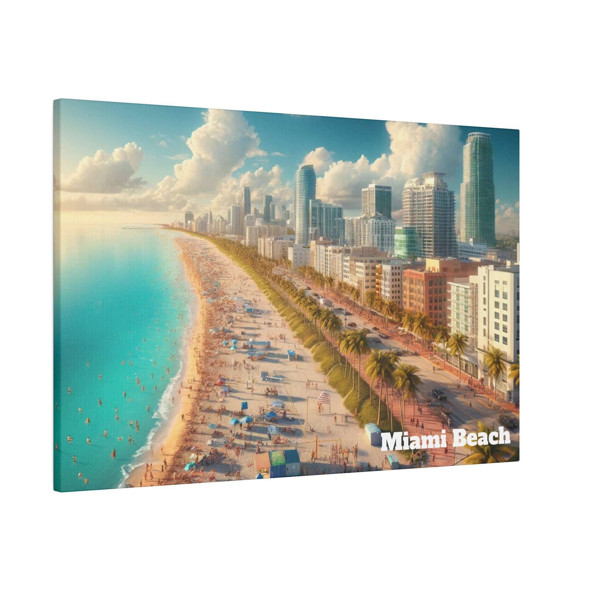 Aerial view of Miami Beach: turquoise water, sandy beach with umbrellas, palm-lined promenade, and a skyline of tall buildings.