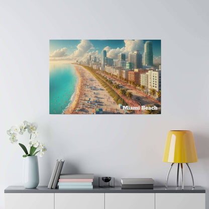 Aerial view of Miami Beach: turquoise water, sandy shoreline, palm trees, and a city skyline.