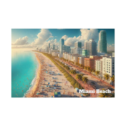 Aerial view of Miami Beach skyline with turquoise ocean, sandy beach, palm trees and tall modern buildings; "Miami Beach" bottom right.