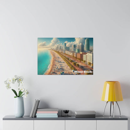 Aerial view of Miami Beach: turquoise water, sandy beach with palm trees, and a skyline of high-rise buildings; "Miami Beach" text in