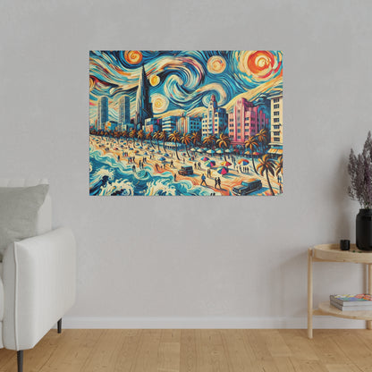 Colorful painting of a coastal cityscape with palm trees, skyscrapers, and a swirling, vibrant sky above a crowded beach.