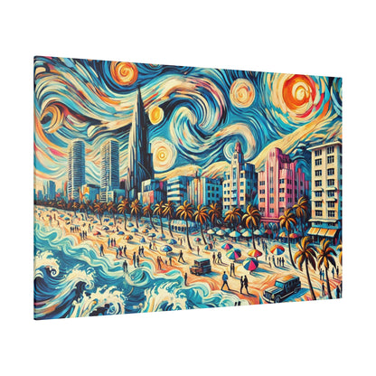 Colorful coastal cityscape painting with palm trees, high-rise buildings, and swirling blue sky over a crowded beach.