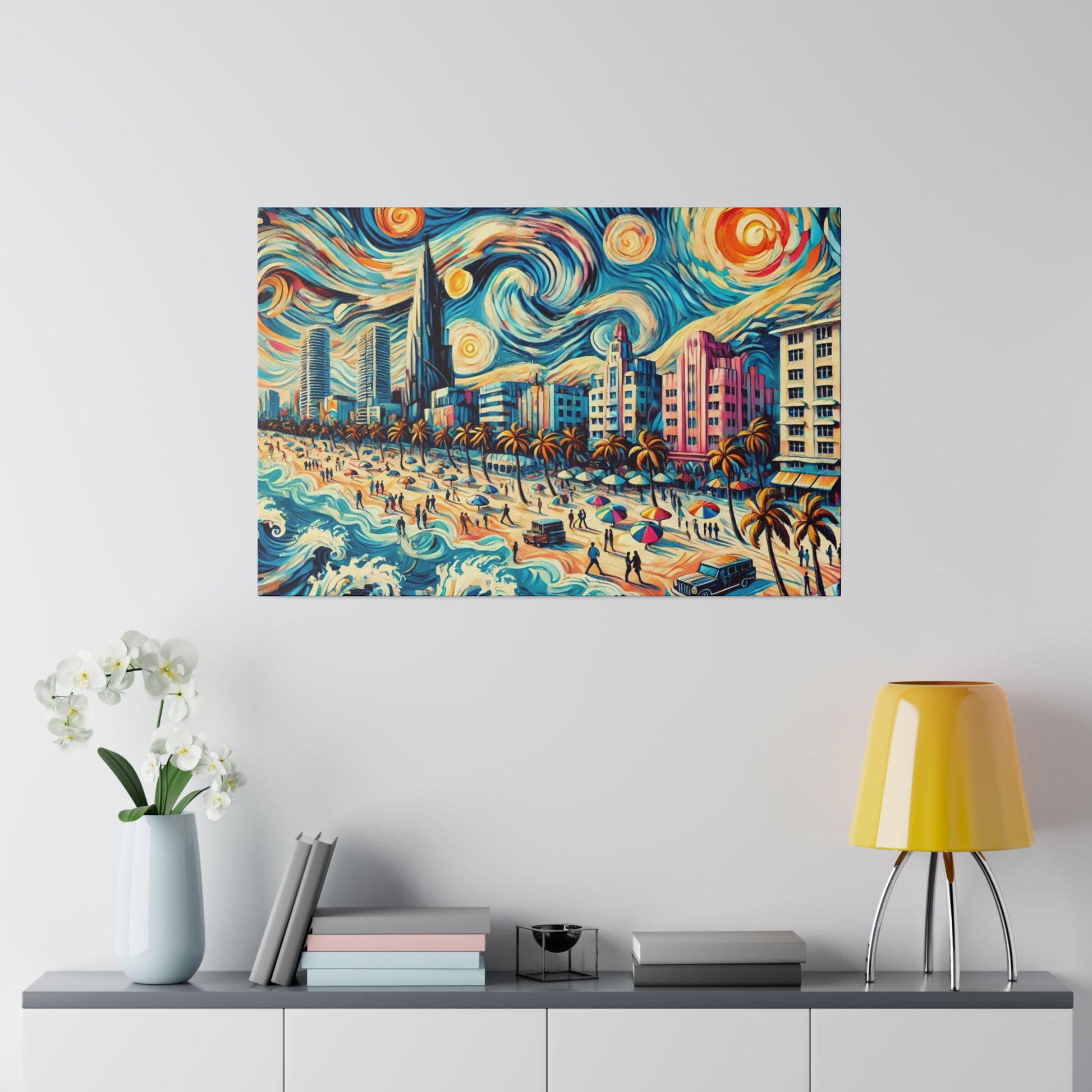 Vibrant painting of a coastal city with palm trees, waves, and colorful high-rise buildings under swirling skies.