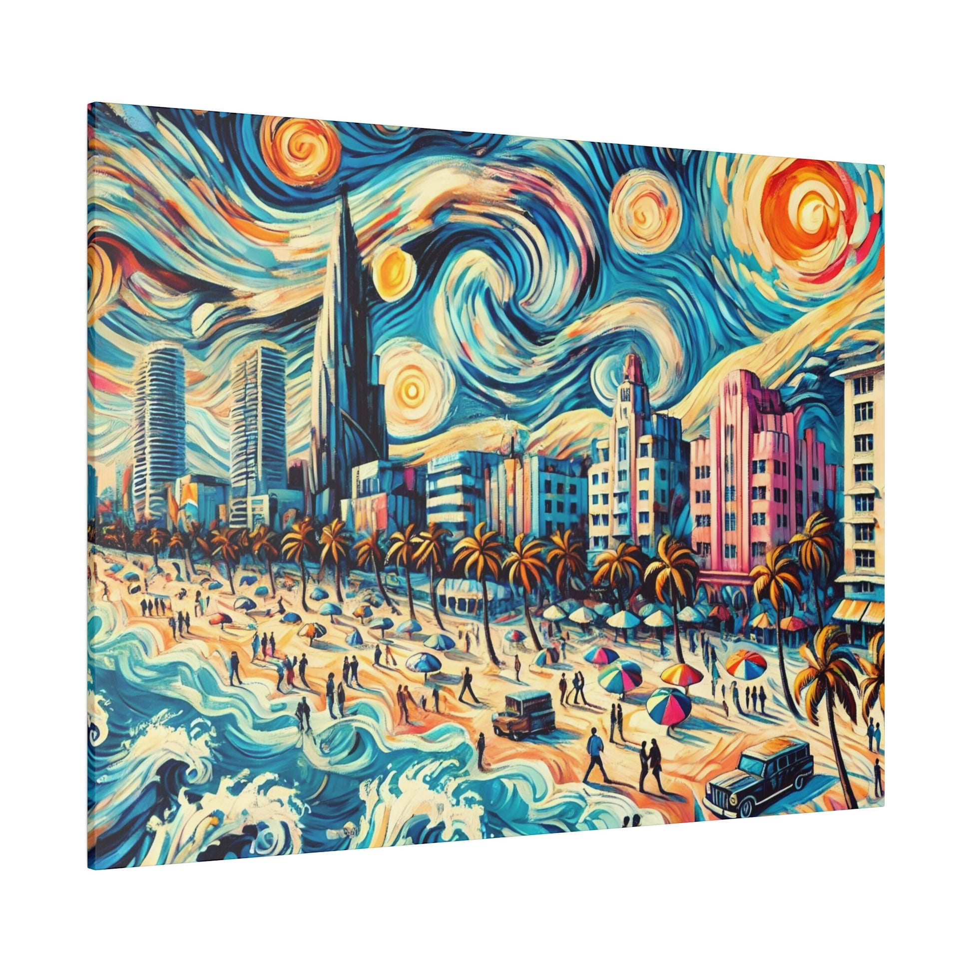 Colorful painting of a coastal city with a palm-lined beach, high-rise buildings, and swirling blue, orange, and yellow sky.
