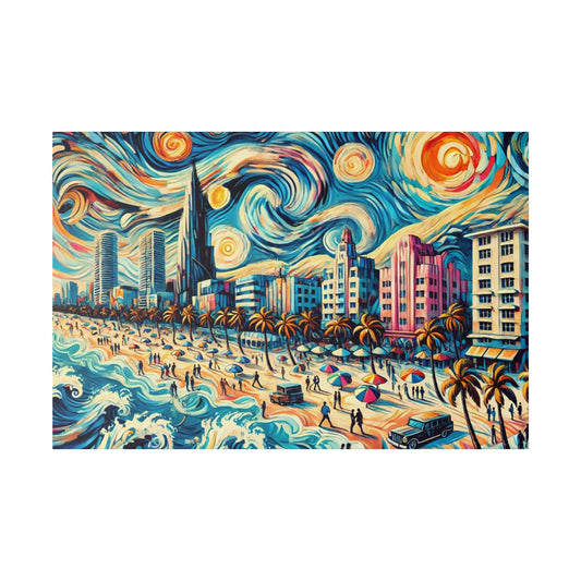 Vibrant abstract coastal city painting with a sandy beach, palm trees, colorful buildings, and swirling blue sky.