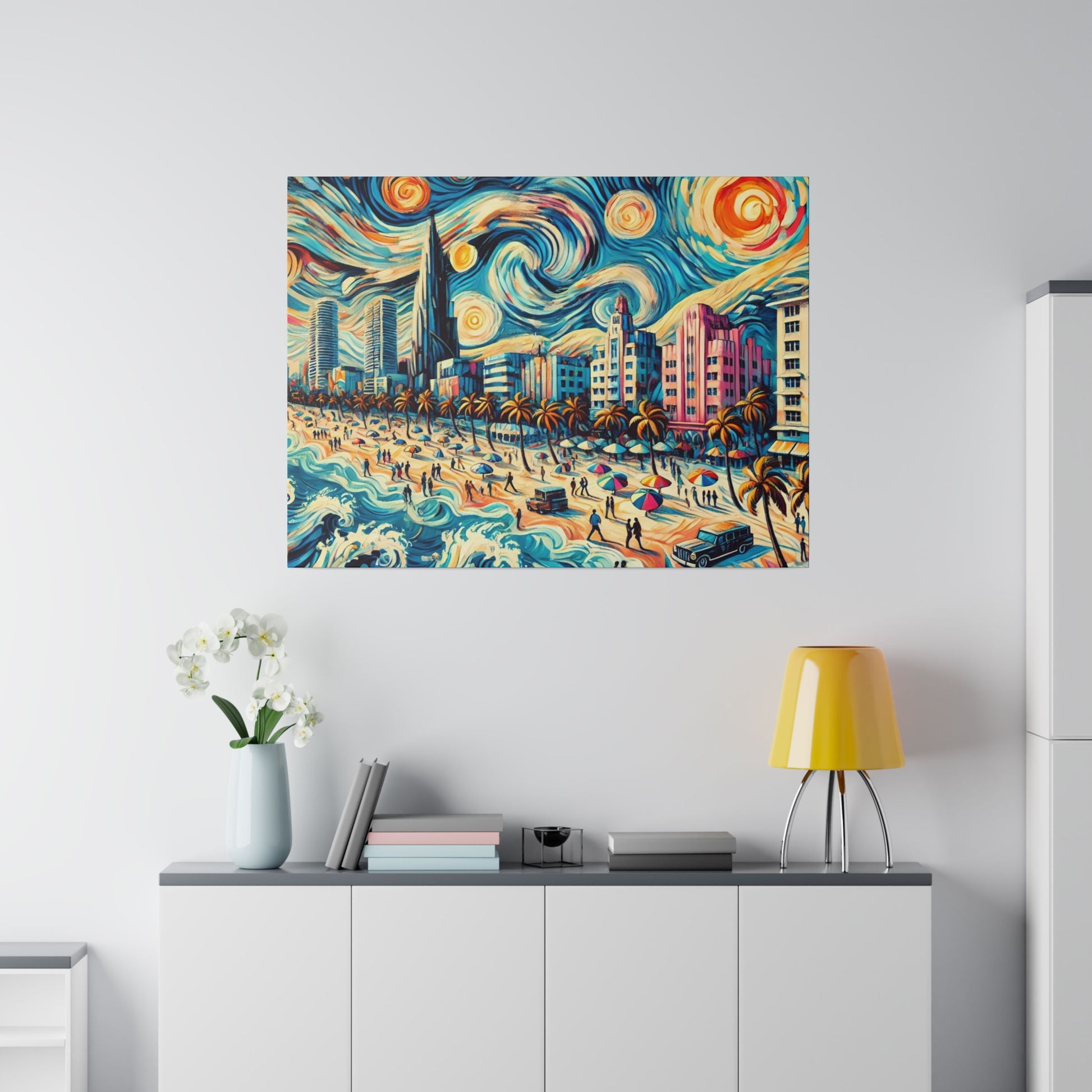 Vibrant painting on the wall depicts a beachside city with palm trees, waves, and colorful skyscrapers.