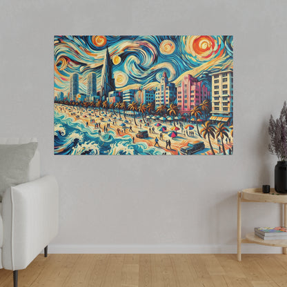 Colorful city beach scene painting with palm trees, high-rise buildings, umbrellas, and swirling skies.
