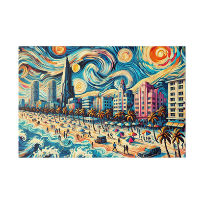 Colorful painting of a beach city with palm trees, high-rise buildings, and a swirling blue sky above the waves.