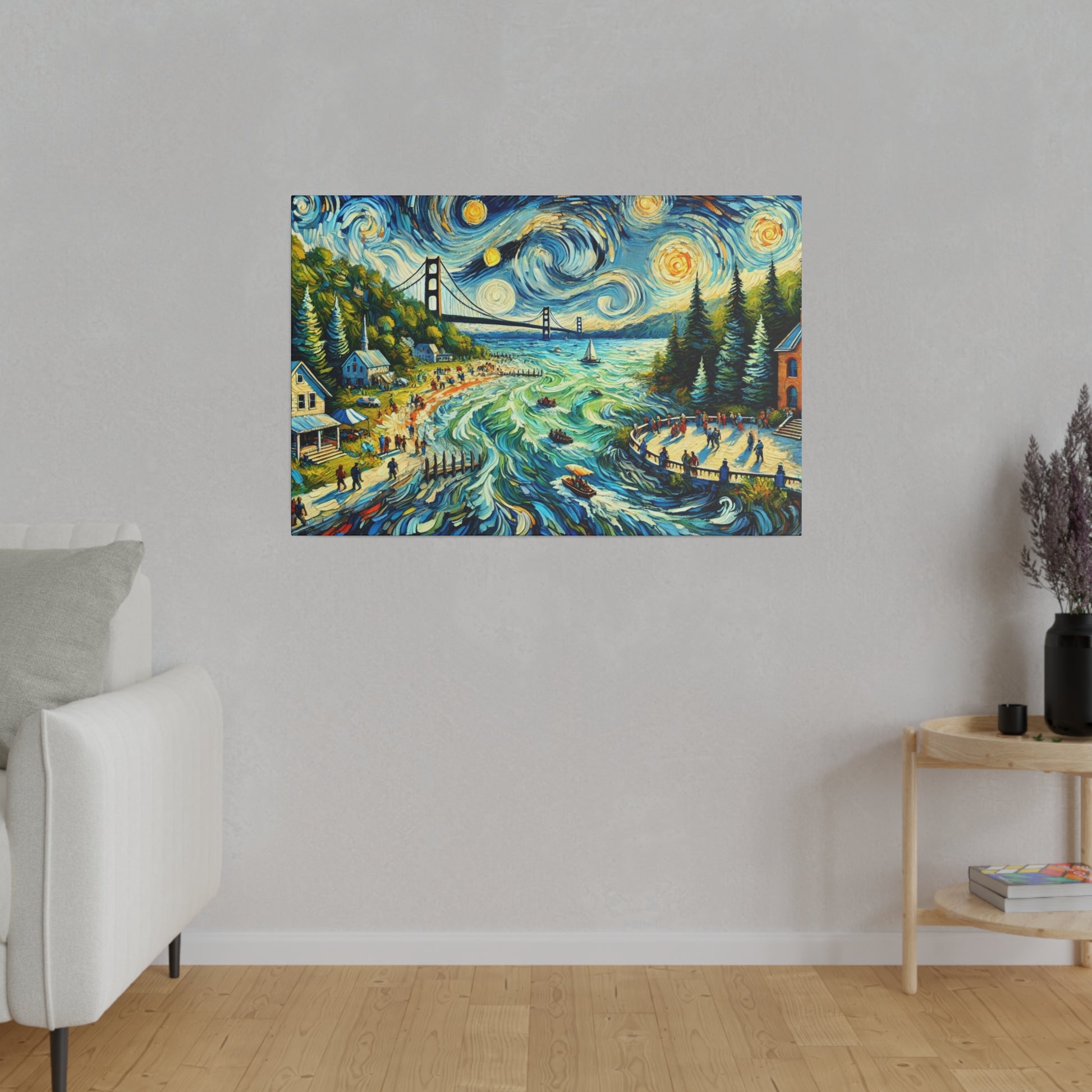 Colorful painting on a light gray wall depicting a swirling blue river, bridge, trees, and a crowded shoreline.