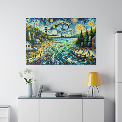 Colorful swirling-water landscape painting of a riverside town with a bridge and trees, hung on a wall above a white cabinet.