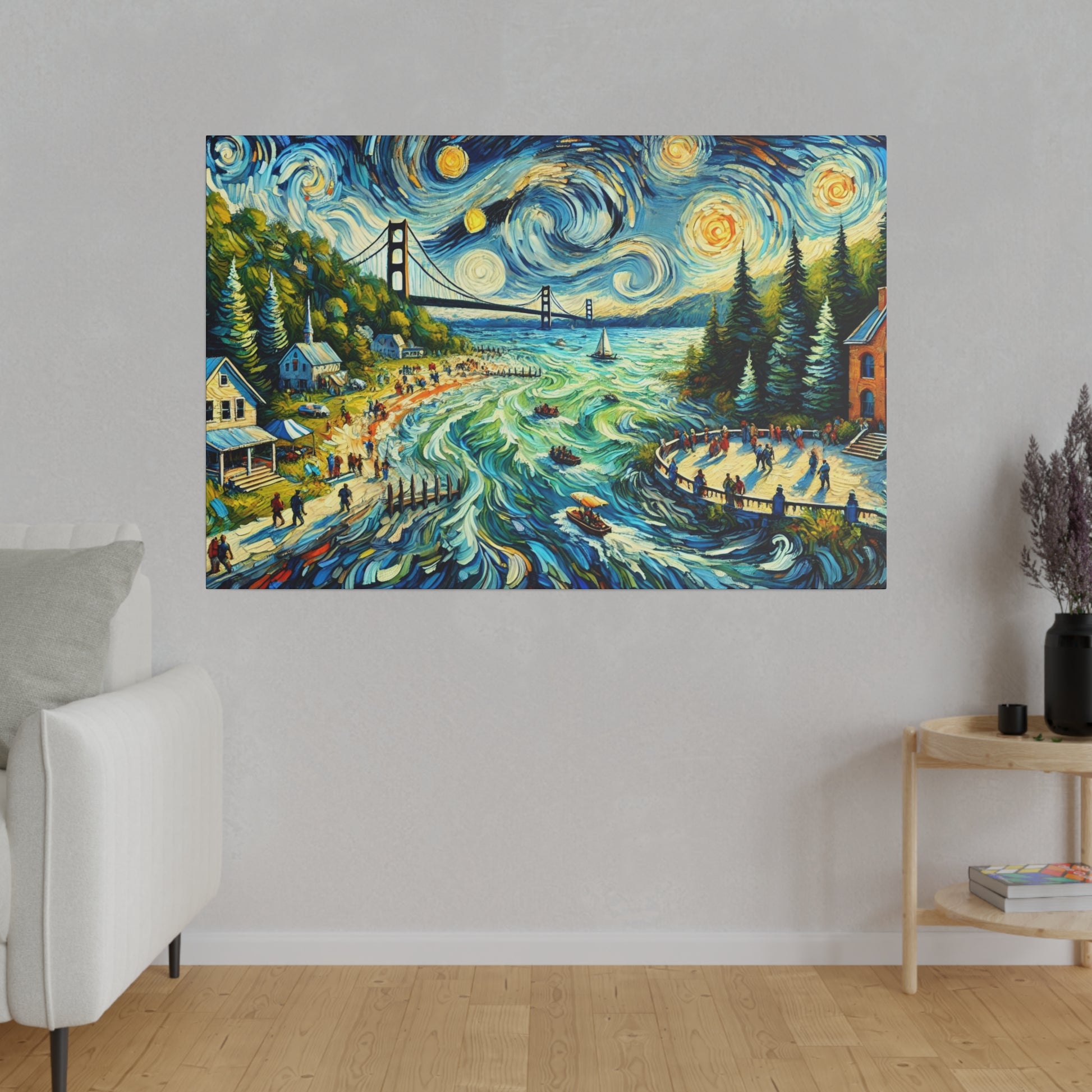 A colorful painting on a gray wall showing swirling blue waves, a bridge, forested banks, houses, and people along the shoreline.