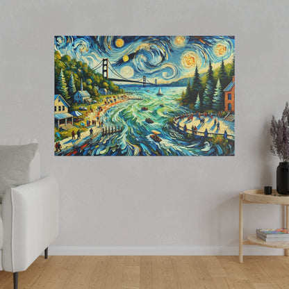 A colorful painting on a gray wall showing swirling blue waves, a bridge, forested banks, houses, and people along the shoreline.