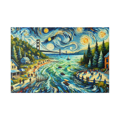 Colorful painting of a coastal town with a swirling night sky, bridge, evergreen trees, and curving blue-green waves.