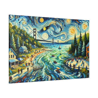 Colorful painting of a coastal town with a swirled night sky, a bridge, and crowds along the shore.