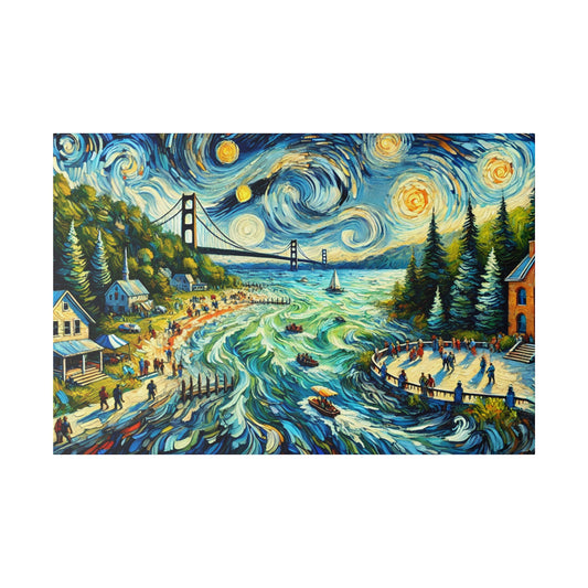 Colorful painting of a coastal village with a suspension bridge, swirling blue waves, and a starry sky.