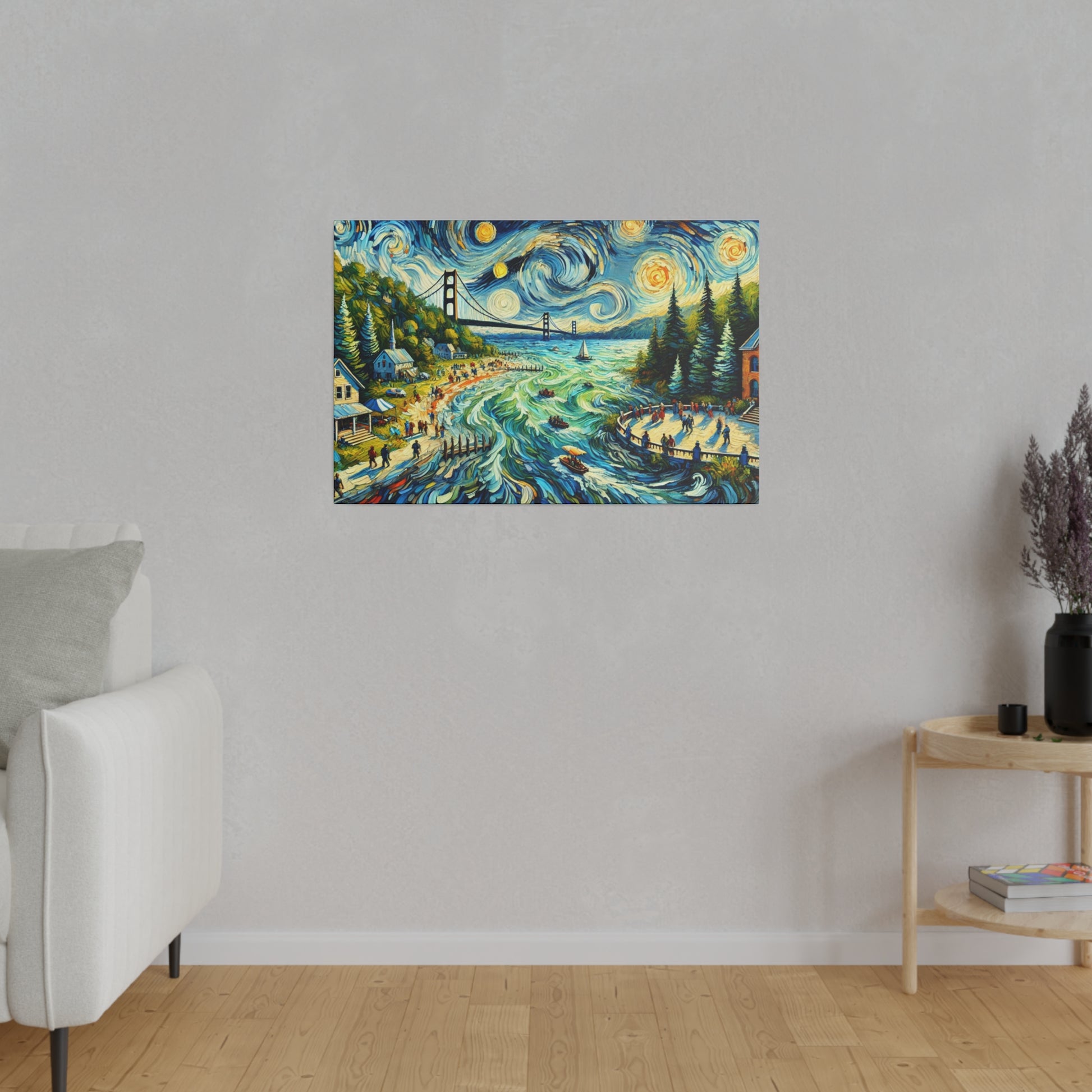 Colorful landscape painting on a gray wall, showing a swirling night sky, river, bridge, trees, and shore with houses.