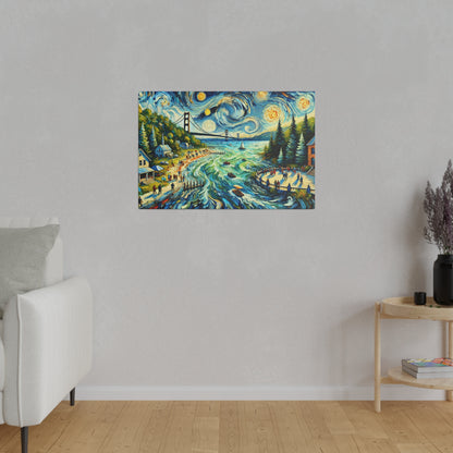 Colorful landscape painting on a gray wall, showing a swirling night sky, river, bridge, trees, and shore with houses.