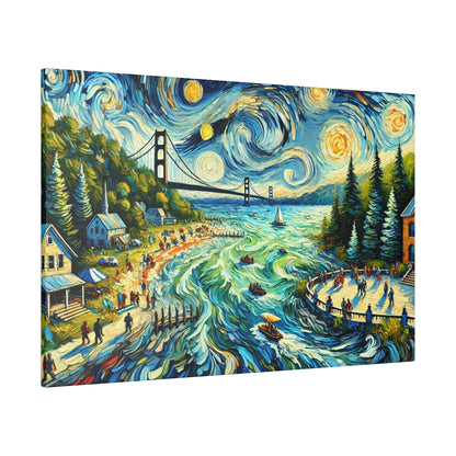 Colorful landscape painting of a coastal village with a bridge, houses, trees, and a swirling starry sky above the water.