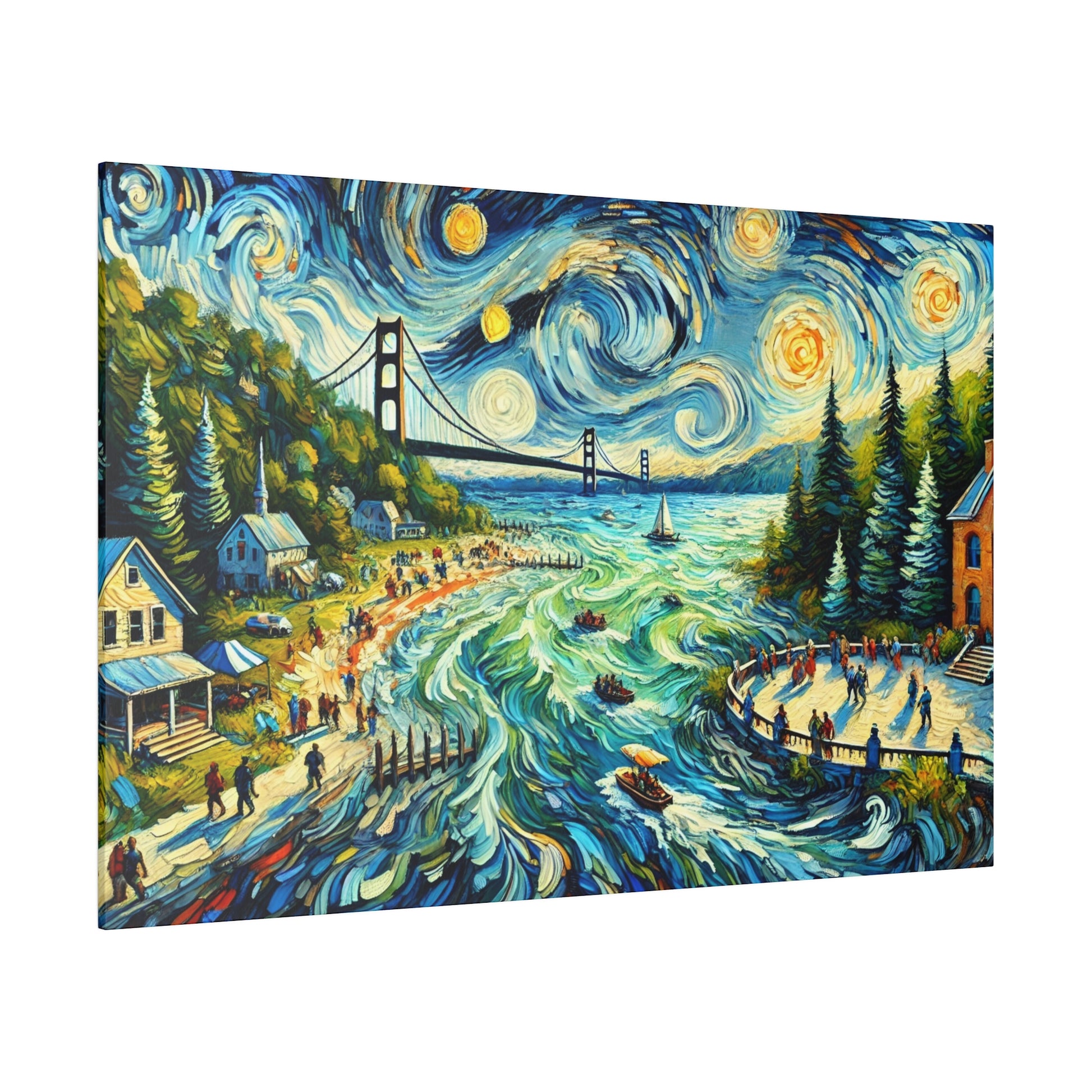 Colorful landscape painting of a coastal town with swirling blue river, bridge, trees, houses, and people along the shore.