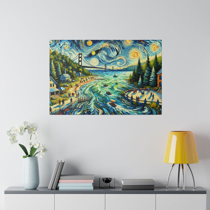 Colorful painting of a coastal scene with swirling blue waves, a bridge, houses, trees, and crowds along the shore.