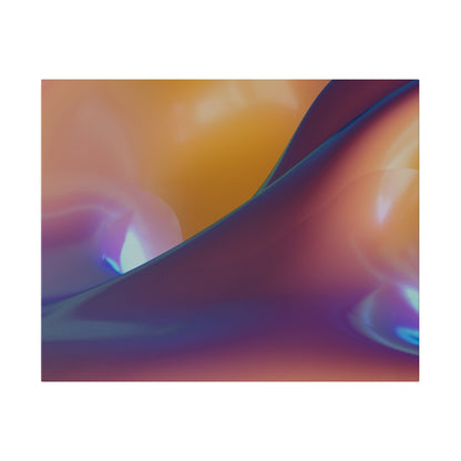 Abstract, close-up image of iridescent orange, purple, and blue liquid-like shapes with curved surfaces.