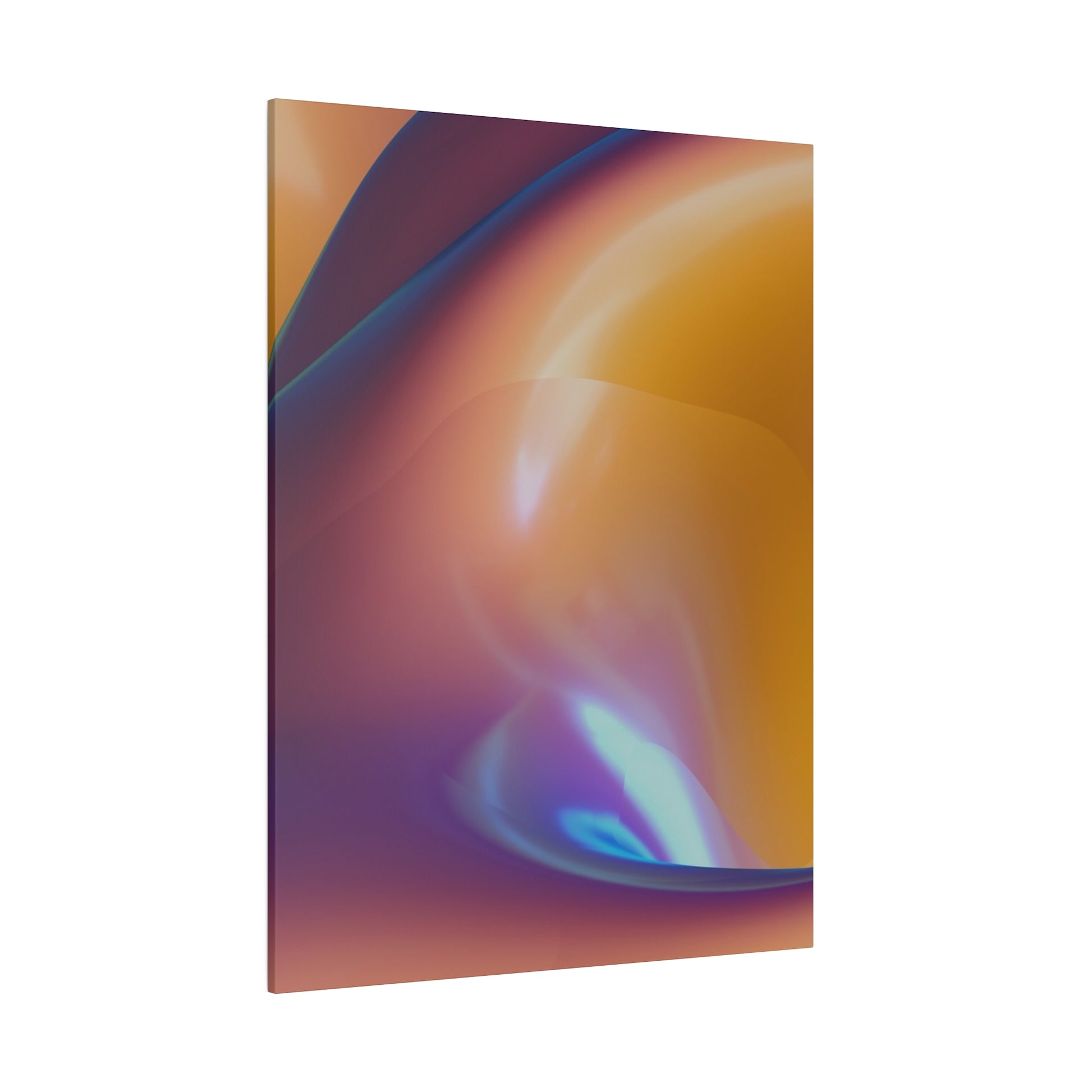 Vertical abstract gradient canvas with swirling orange, purple, and blue hues and a glossy finish.