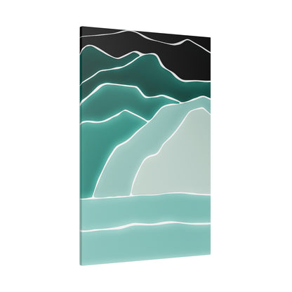 Abstract landscape artwork showing layered teal and mint mountains with white contour lines against a black sky.