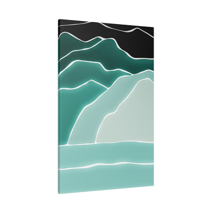 Tall abstract canvas depicting layered teal mountains with white contour outlines against a black sky.