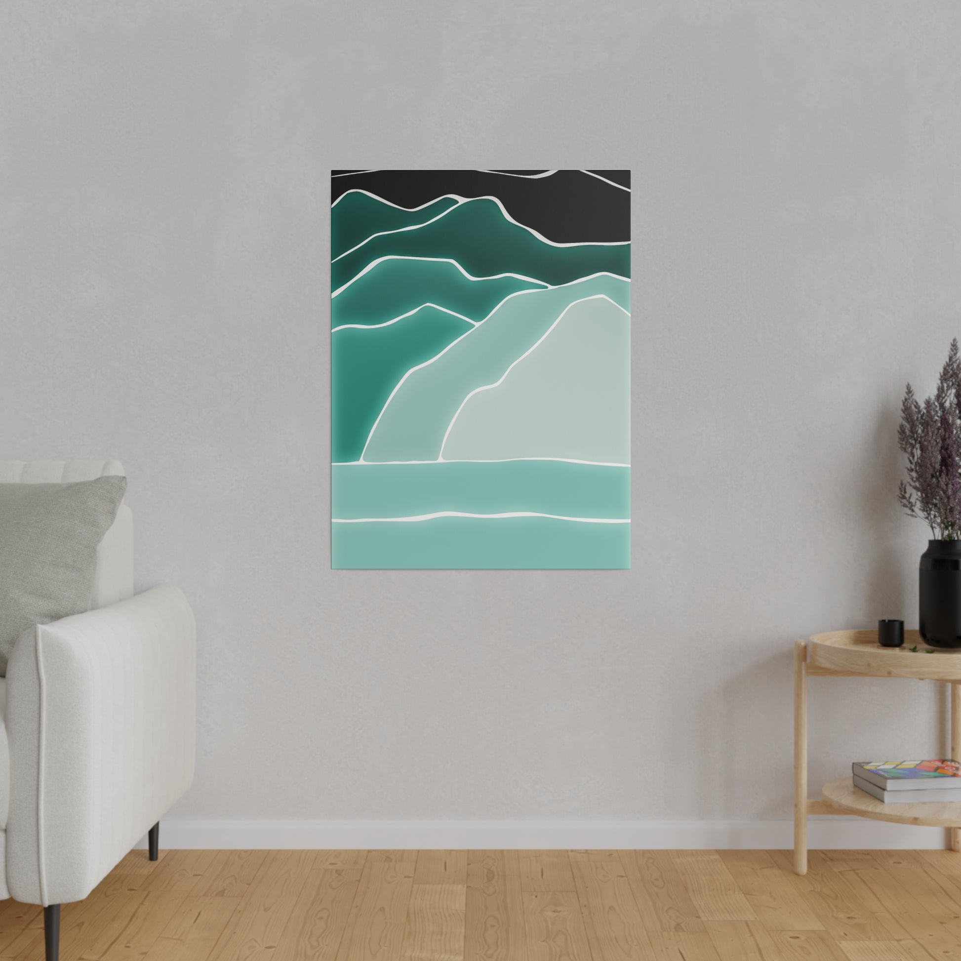 Vertical abstract wall art depicting layered teal and mint mountains with white outlines.