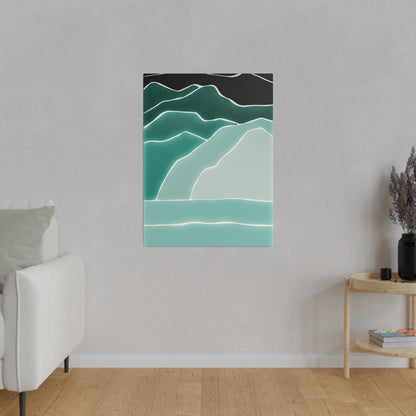 Vertical abstract wall art depicting layered teal and mint mountains with white outlines.