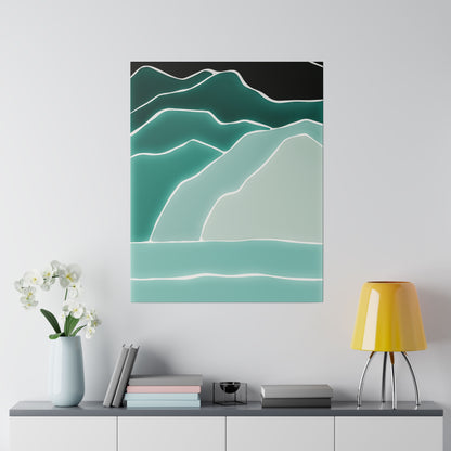 Abstract landscape painting with layered teal and mint mountains outlined in white, mounted on a pale wall above a console.
