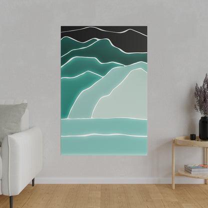 Tall abstract wall art depicting layered teal and mint mountains with white outlines against a black sky, hung in a living room.