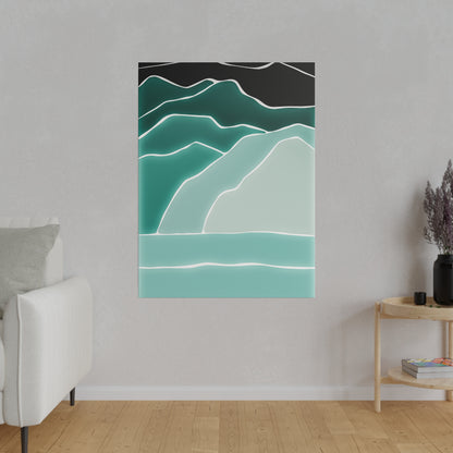 Abstract wall art depicting layered teal mountains with white outlines, mounted on a gray wall.