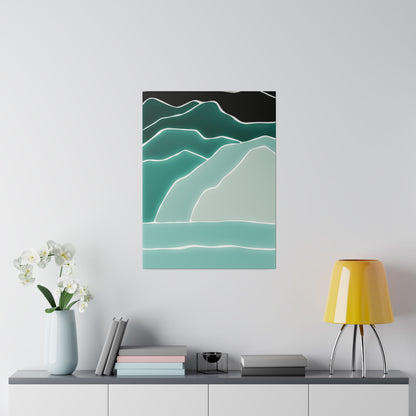 Abstract landscape poster with layered teal, green, and cream mountains and a pale turquoise base, hung above a sideboard.