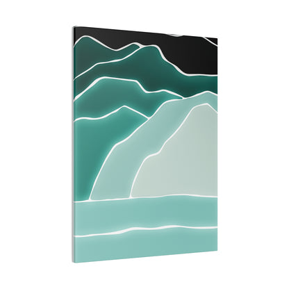 Abstract teal and turquoise mountain landscape painting with white contour lines on a black sky at the top.