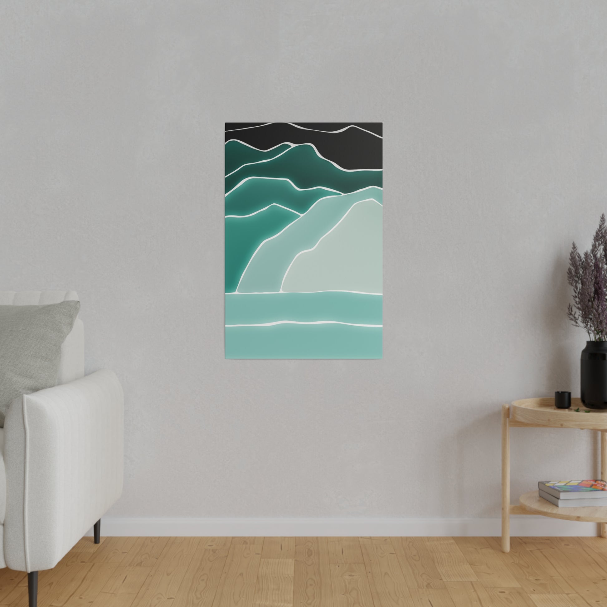 Vertical abstract wall art showing layered teal and black mountain shapes with white outlines.