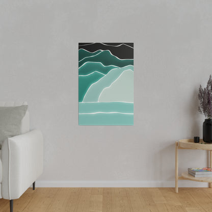 Vertical abstract wall art showing layered teal and black mountain shapes with white outlines.