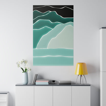 Vertical abstract painting featuring layered teal mountains with white outlines and a black top, mounted on a light wall.