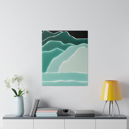 Abstract teal landscape painting with white contour lines above a console table, beside a pale blue vase with white flowers and a yellow