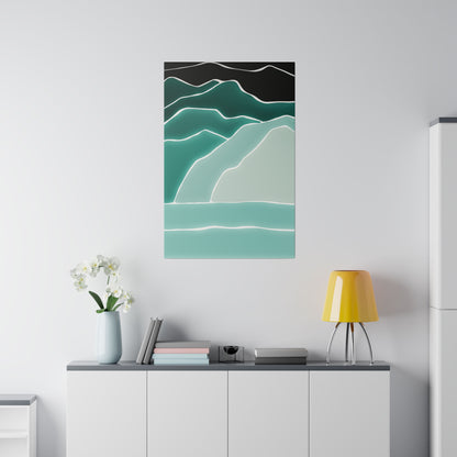 Vertical abstract wall art featuring layered teal mountains in gradient greens with white contour lines on a black top section.