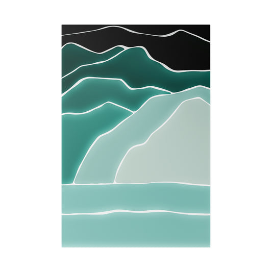 Abstract landscape with layered teal and mint mountains outlined in white, against a black sky and turquoise water.