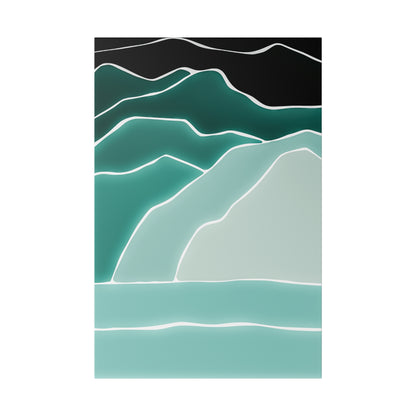 Abstract hill landscape with layered teal and mint mountains outlined in white against a black sky.
