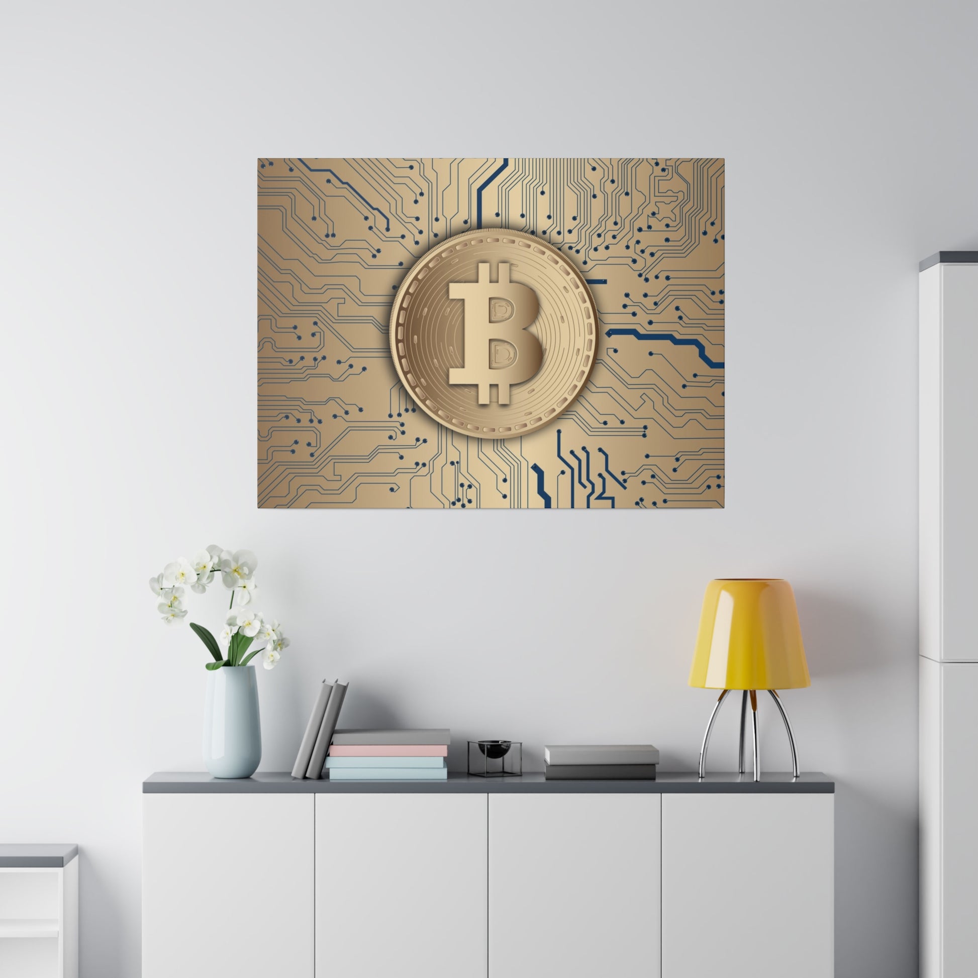 Gold Bitcoin coin artwork on a tan and blue circuit-board background.