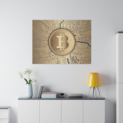 Gold Bitcoin coin artwork on a tan and blue circuit-board background.