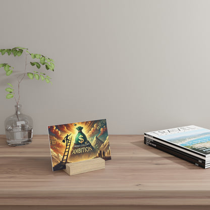 Colorful illustrated card reading "AMBITION" on a small wooden stand on a light wood desk, with a glass vase of green leaves to the left