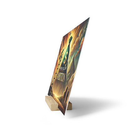 A tall poster on a wooden easel stand, angled, showing a golden sunset, a large dollar sign, and a city skyline.